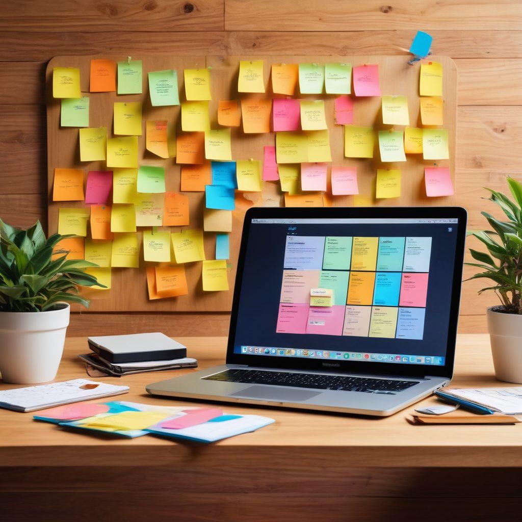 A dynamic workspace featuring a laptop on a wooden desk, surrounded by colorful sticky notes with blog ideas, a coffee cup, and a potted plant. In the background, a wall adorned with motivational quotes and digital screens showing web analytics and social media metrics, symbolizing growth and connectivity. Bright and inspiring atmosphere. super-realistic. vibrant colors. 3D.