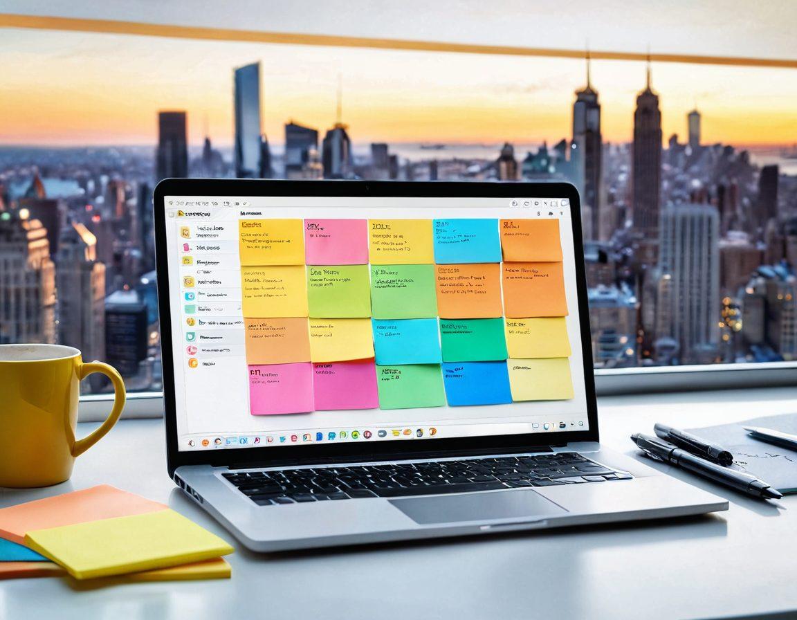 A vibrant digital diary interface on a laptop screen, surrounded by inspiring elements like a cup of coffee, sticky notes, and a pen. In the background, a soft-focus image of a bustling city skyline, representing job opportunities. The scene conveys creativity and ambition, inviting viewers to reflect on their career journey. super-realistic. vibrant colors. white background.