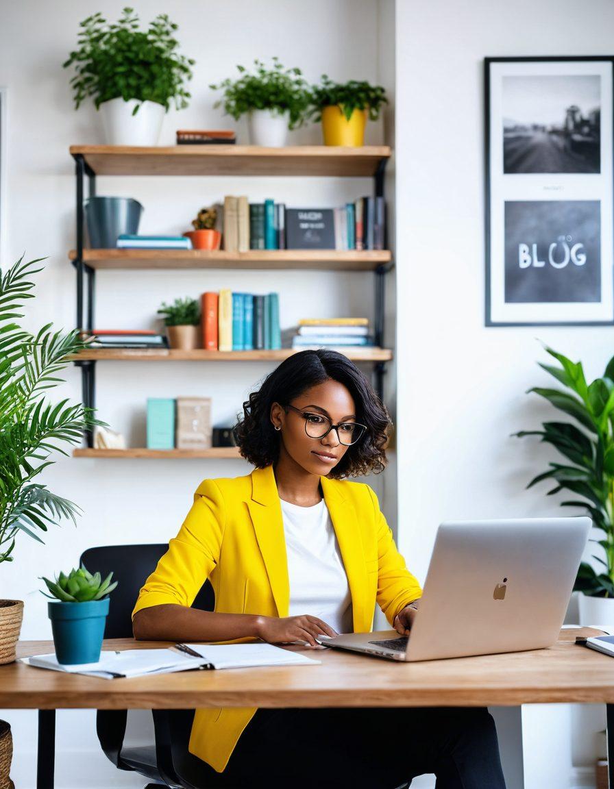 A professional-looking individual sitting confidently at a desk, typing on a laptop with a blog website open on the screen. Surroundings feature motivational quotes on the wall, a bookshelf with career advancement books, and a fresh plant for a vibrant touch. The scene conveys a blend of creativity and professionalism, with a warm, inviting atmosphere. super-realistic. bright colors. soft focus.